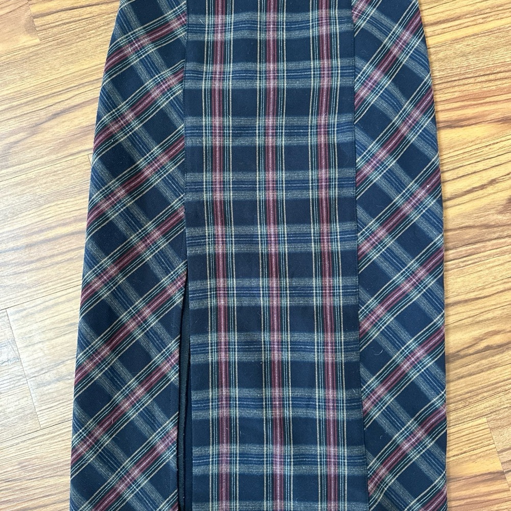Free People tartan Plaid Women's pencil Skirt navy and Red front slit back zip